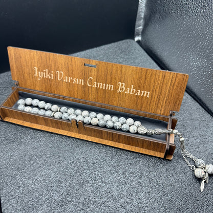 Naturstein Tesbih mit Personalisierbarer Holz-Geschenkbox